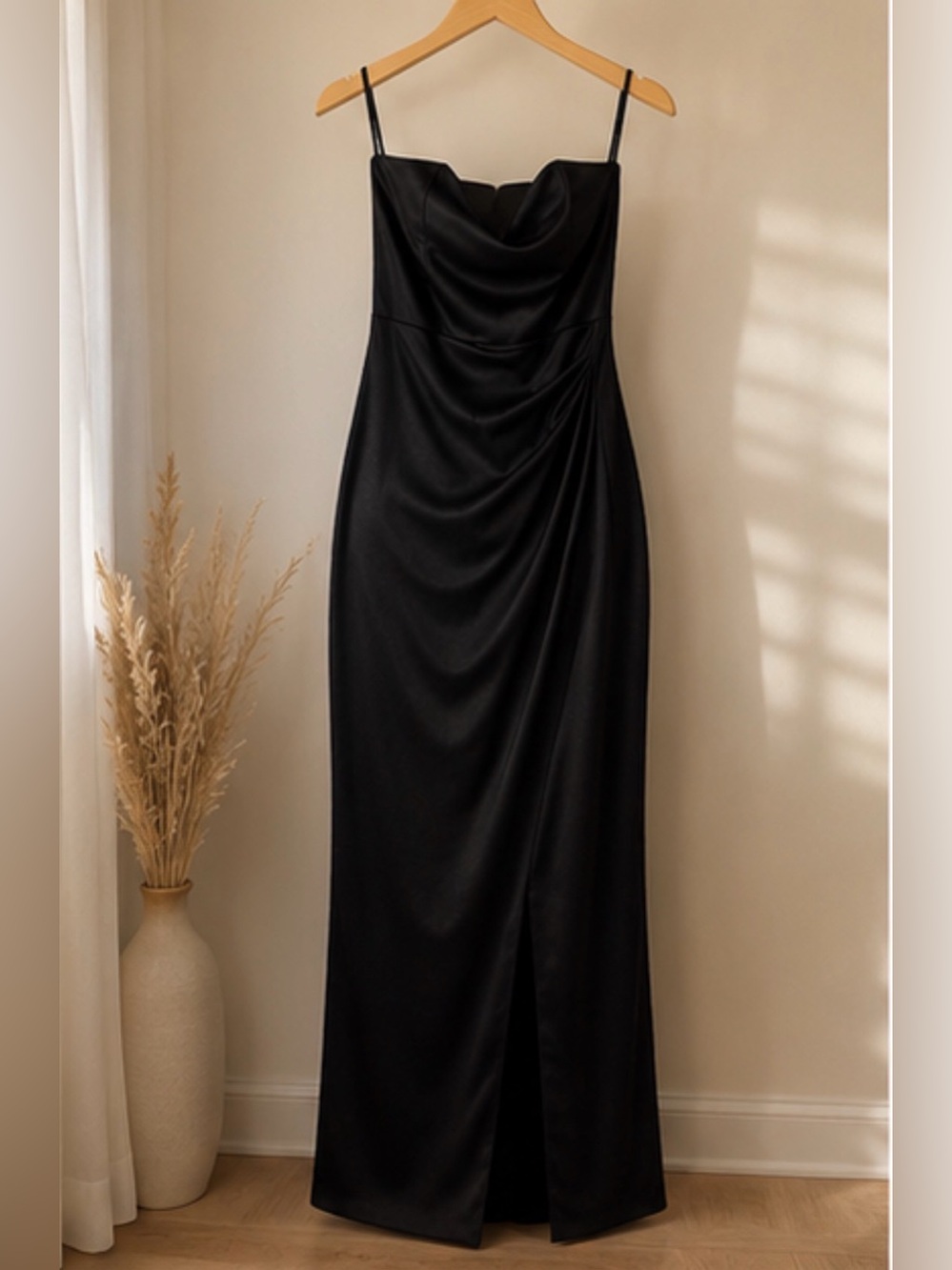 Windsor Black Satin Strapless Cowl Neck Ruched Maxi Gown Dress XL NWOT by